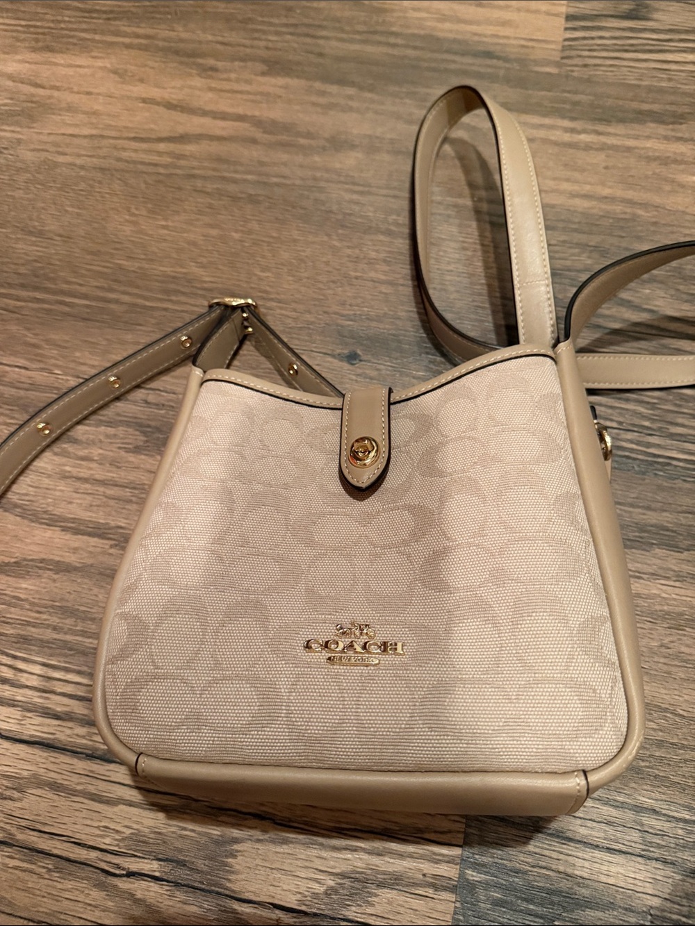 Coach Light Beige Signature Canvas Crossbody with Leather Trim
